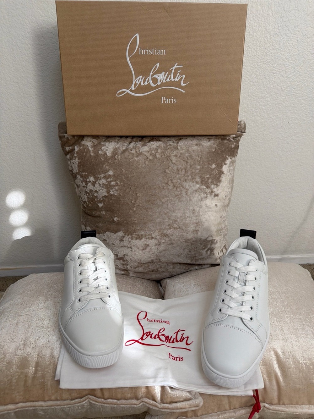 Christian Louboutin Men’s White Leather Low-Top Sneakers with Black Heel Tabs